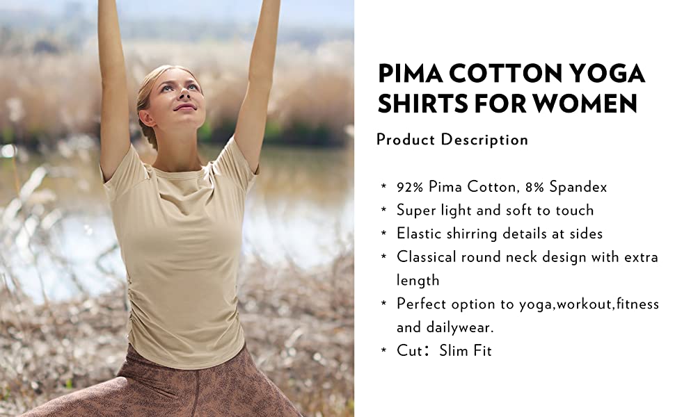 Women's Pima Cotton Short Sleeve Workout Shirt Slim-Fit Yoga T-shirt with Side Shirring