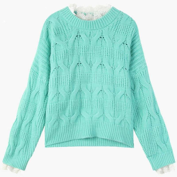 Solid Pure Contrast Lace Women Casual Knit Pullover Sweater,Summer Vintage Full Sleeve,Casual Girly Daily Sweet Top