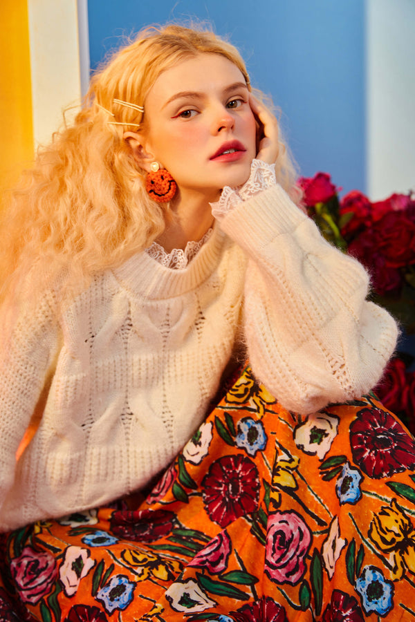 Solid Pure Contrast Lace Women Casual Knit Pullover Sweater,Summer Vintage Full Sleeve,Casual Girly Daily Sweet Top