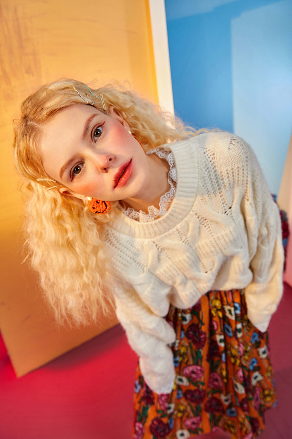 Solid Pure Contrast Lace Women Casual Knit Pullover Sweater,Summer Vintage Full Sleeve,Casual Girly Daily Sweet Top