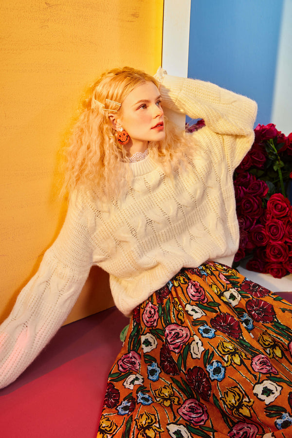 Solid Pure Contrast Lace Women Casual Knit Pullover Sweater,Summer Vintage Full Sleeve,Casual Girly Daily Sweet Top