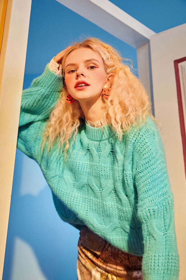 Solid Pure Contrast Lace Women Casual Knit Pullover Sweater,Summer Vintage Full Sleeve,Casual Girly Daily Sweet Top