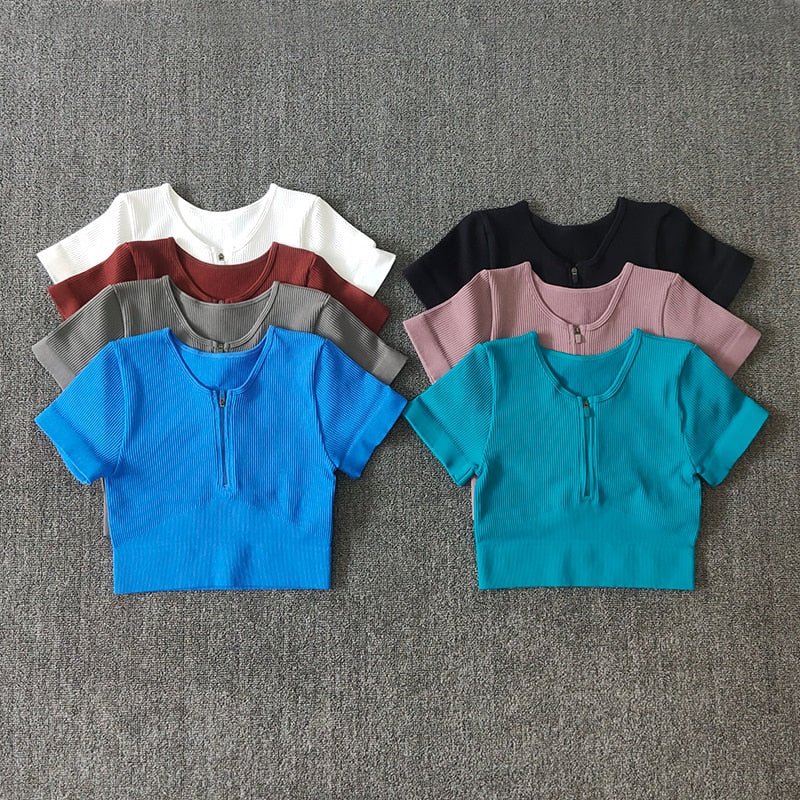 Seamless Yoga Shirts Zipper Short Sleeve Workout Tops Women Fitness Crop Top Workout Tops Gym Clothes Sportswear Running T-shirt