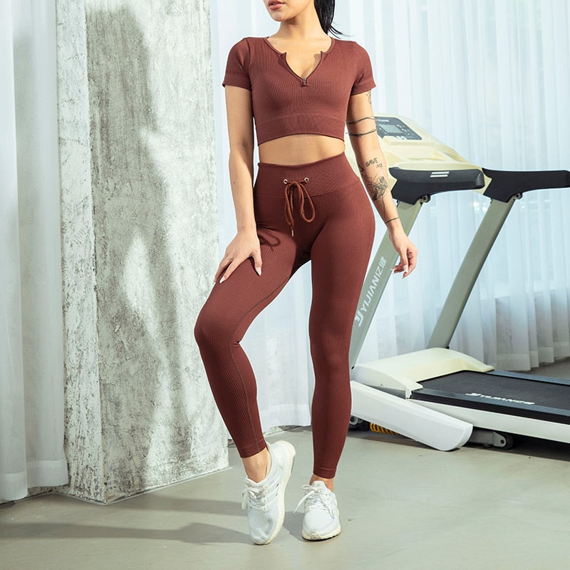 Seamless Yoga Set Workout Shirts Sport Pants Bra Gym Clothing Tracksuit Drawstring High Waist Running Leggings Fitness Suit