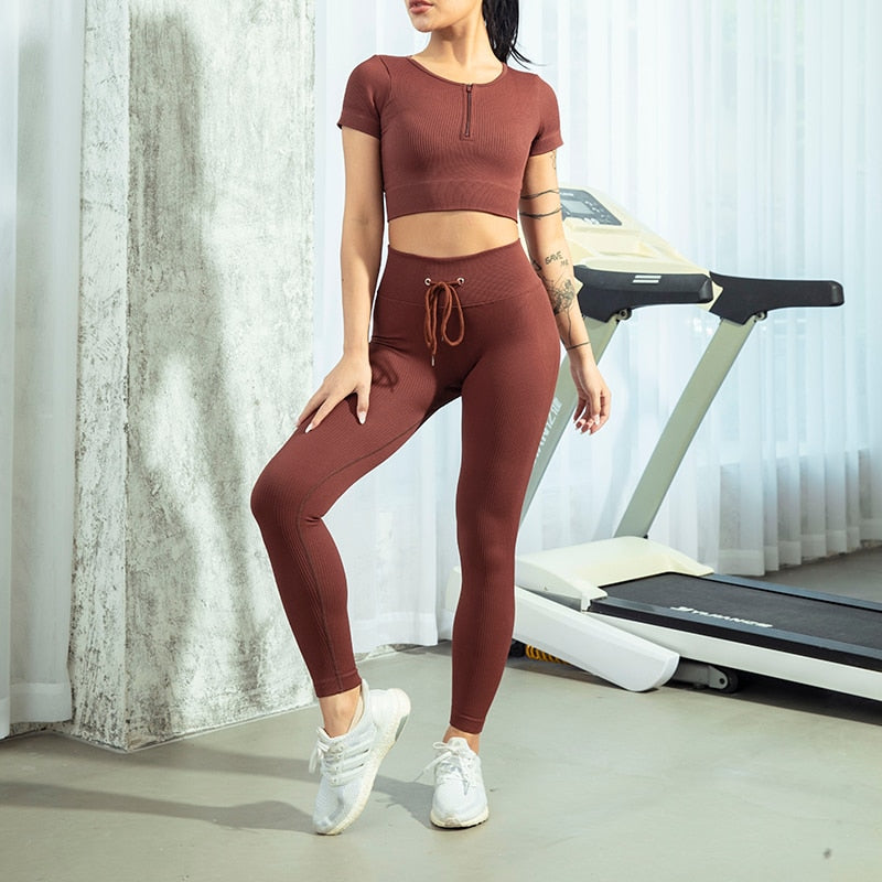 Seamless Yoga Set Workout Shirts Sport Pants Bra Gym Clothing Tracksuit Drawstring High Waist Running Leggings Fitness Suit