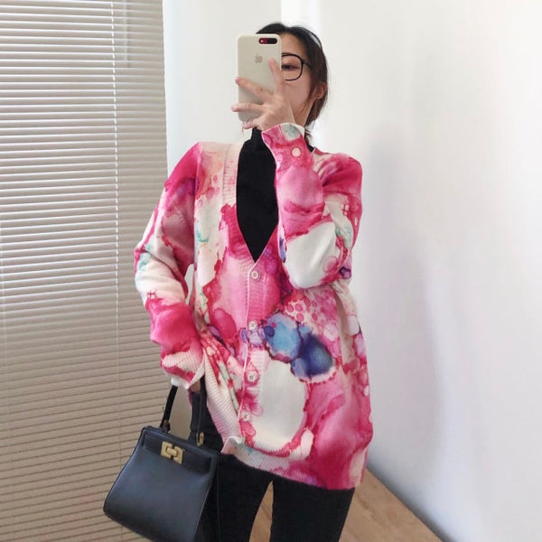 Women Oversized Clothing Wool Blend Long Cardigans Sweater Spring Autumn Print Pattern Knitted Coat Knitwear C-263