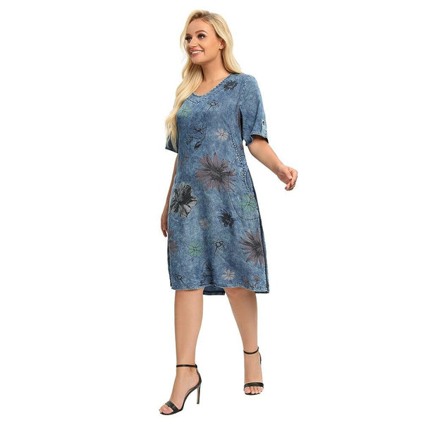 Women's Plus Size Denim Dress Summer Slim Fit Dress Casual Dress Printed Woven Denim Short Sleeve Knee-Length