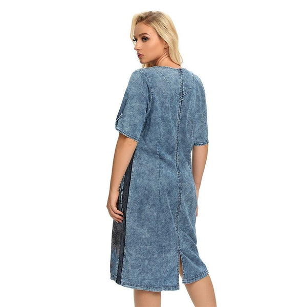 Women's Plus Size Denim Dress Summer Slim Fit Dress Casual Dress Printed Woven Denim Short Sleeve Knee-Length