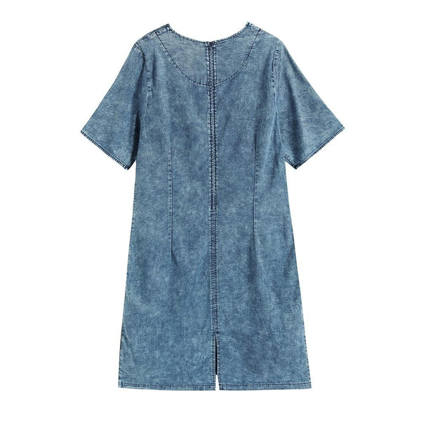 Women's Plus Size Denim Dress Summer Slim Fit Dress Casual Dress Printed Woven Denim Short Sleeve Knee-Length