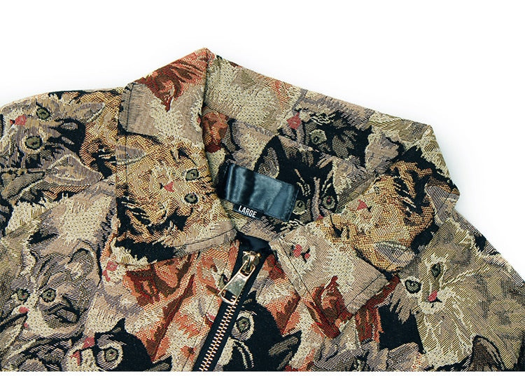 Jacket Men Cute Cat Painting Printed Zipper Coat Autumn Loose Casual Retro Cool Hip Hop Style Outwear Couple Streetwear