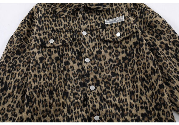 Hip Hop Jacket Coat Men Furry Leopard Print Multi-Pocket Outwear Loose Retro Rock Hipster High Street Jacket Streetwear