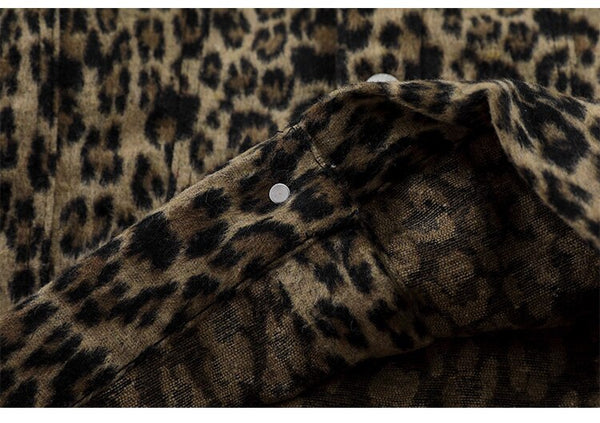 Hip Hop Jacket Coat Men Furry Leopard Print Multi-Pocket Outwear Loose Retro Rock Hipster High Street Jacket Streetwear