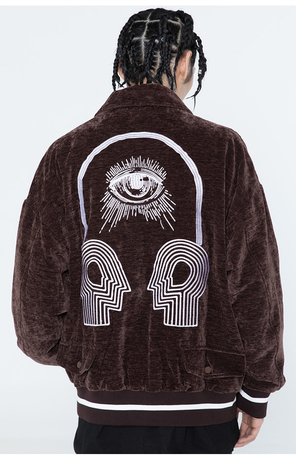 Jacket Men Esthetics Line Letter Eye Embroidery Bomber Coats Autumn Cozy Baggy Fashion Retro High Street Outwear Couple