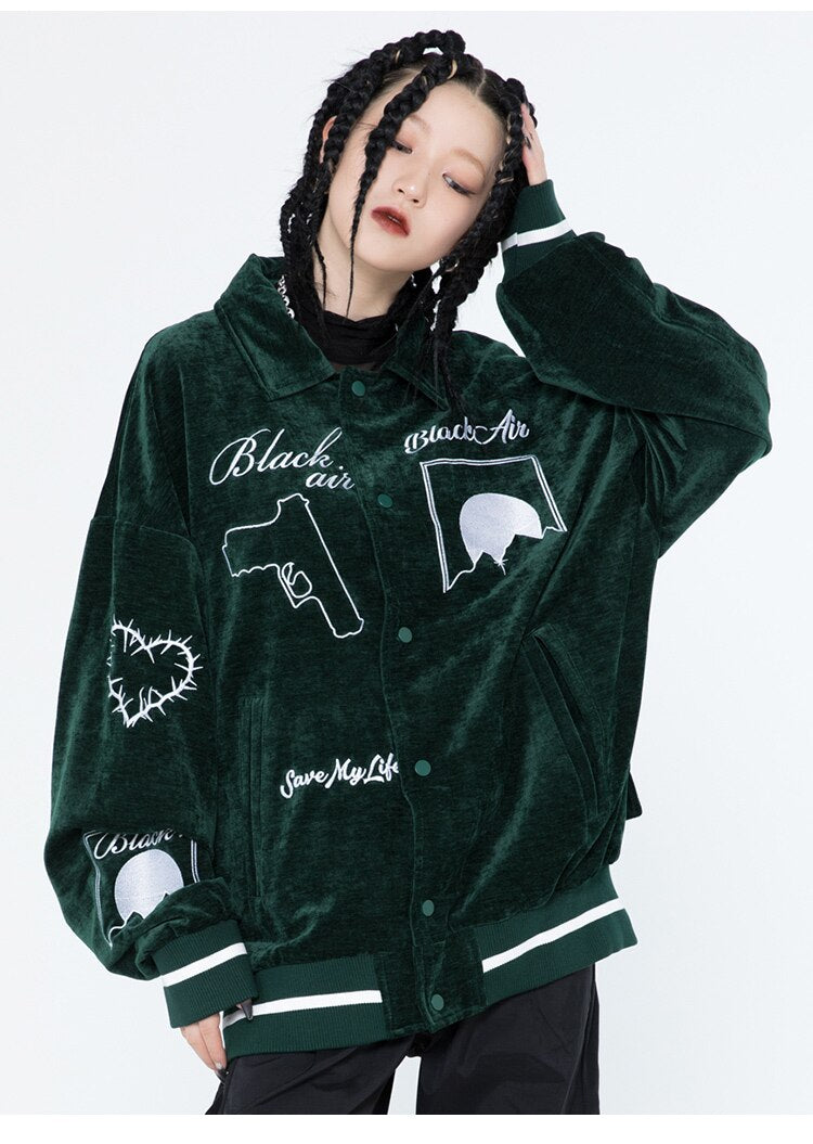 Jacket Men Esthetics Line Letter Eye Embroidery Bomber Coats Autumn Cozy Baggy Fashion Retro High Street Outwear Couple