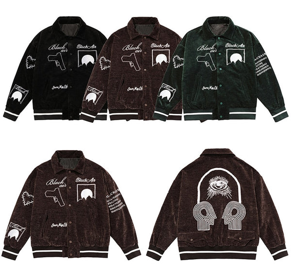 Jacket Men Esthetics Line Letter Eye Embroidery Bomber Coats Autumn Cozy Baggy Fashion Retro High Street Outwear Couple