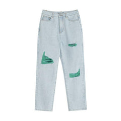 Solid High Waist Washed Casual Denim Jeans Women,Summer Pure Ripped Hole Minimalist Ladies Basic Daily Trouser