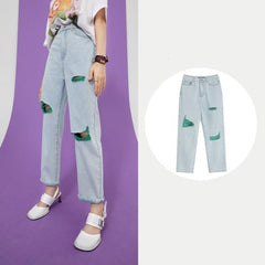 Solid High Waist Washed Casual Denim Jeans Women,Summer Pure Ripped Hole Minimalist Ladies Basic Daily Trouser