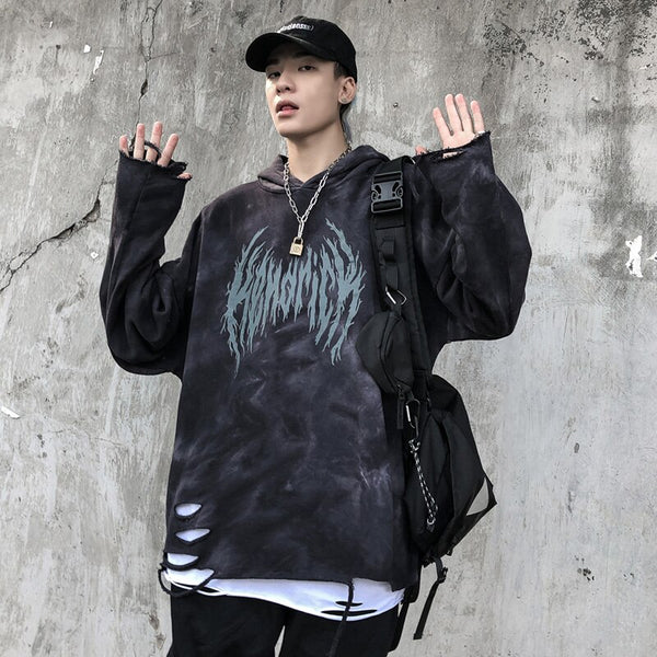 Hoodie Men Tie Dye Punk Graphic Print Hole Ripped Hooded Pullover Autumn Oversize Hipster High Street Couple Streetwear