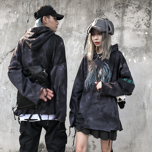 Hoodie Men Tie Dye Punk Graphic Print Hole Ripped Hooded Pullover Autumn Oversize Hipster High Street Couple Streetwear