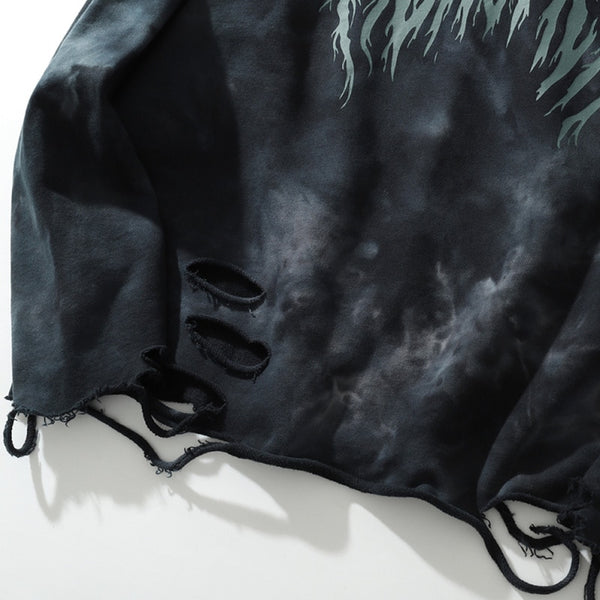 Hoodie Men Tie Dye Punk Graphic Print Hole Ripped Hooded Pullover Autumn Oversize Hipster High Street Couple Streetwear