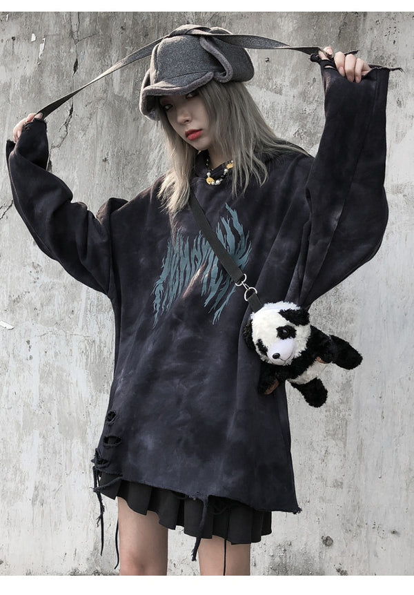 Hoodie Men Tie Dye Punk Graphic Print Hole Ripped Hooded Pullover Autumn Oversize Hipster High Street Couple Streetwear