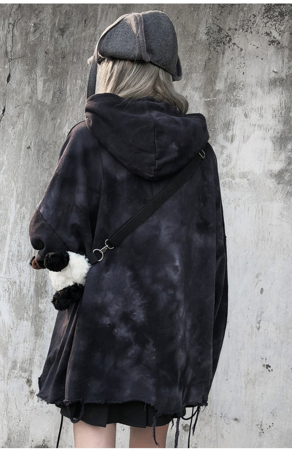 Hoodie Men Tie Dye Punk Graphic Print Hole Ripped Hooded Pullover Autumn Oversize Hipster High Street Couple Streetwear