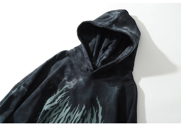 Hoodie Men Tie Dye Punk Graphic Print Hole Ripped Hooded Pullover Autumn Oversize Hipster High Street Couple Streetwear