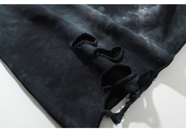 Hoodie Men Tie Dye Punk Graphic Print Hole Ripped Hooded Pullover Autumn Oversize Hipster High Street Couple Streetwear