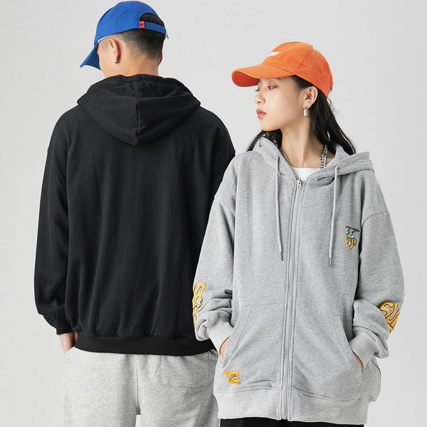 Animal Letter Embroidery Zipper Hooded Hoodie Men Casual College Style Oversized Coats Autumn Fashion Streetwear Couple