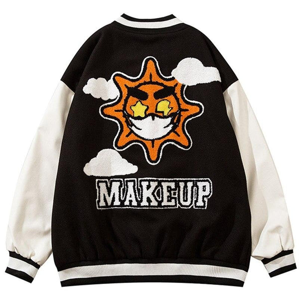 Jacket Men Cartoon Furry Sun Cloud Patch Patchwork Bomber Coats Loose Hip Hop Funny High Street Baseball Outwear Autumn