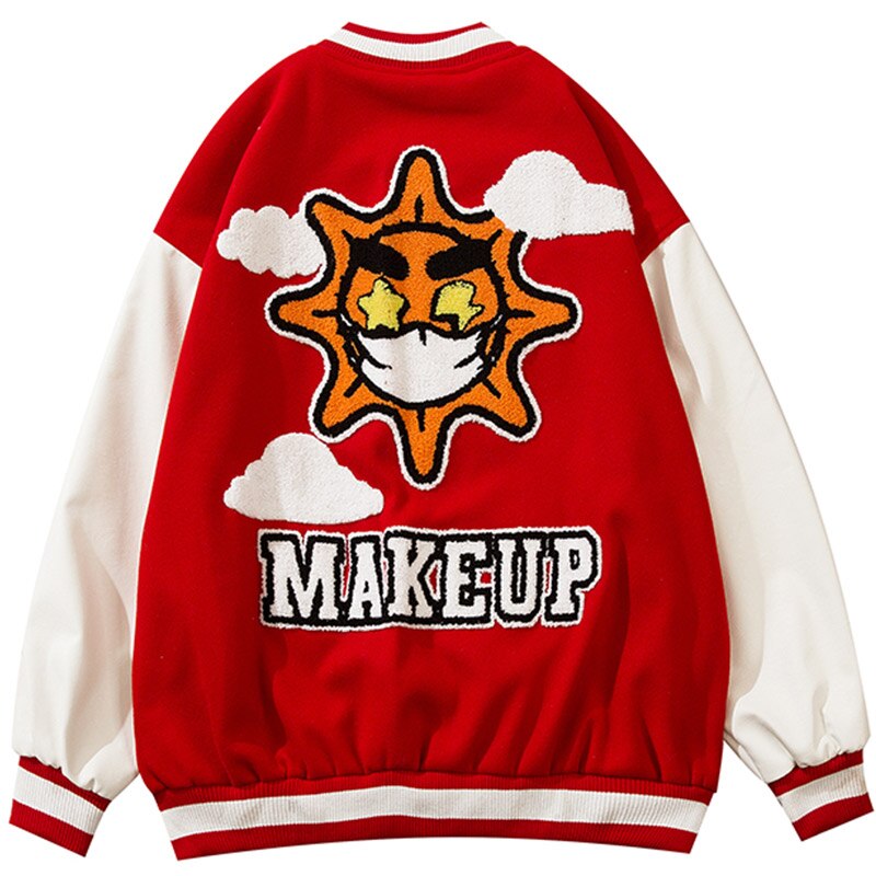 Jacket Men Cartoon Furry Sun Cloud Patch Patchwork Bomber Coats Loose Hip Hop Funny High Street Baseball Outwear Autumn