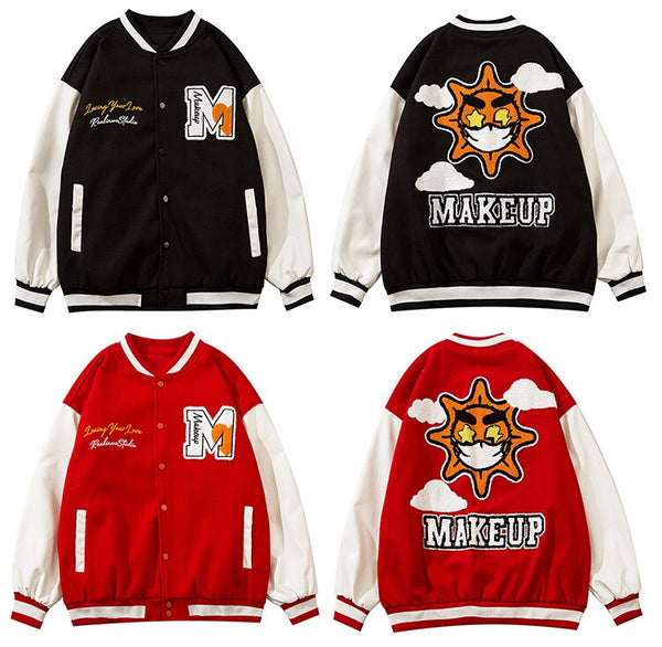 Jacket Men Cartoon Furry Sun Cloud Patch Patchwork Bomber Coats Loose Hip Hop Funny High Street Baseball Outwear Autumn