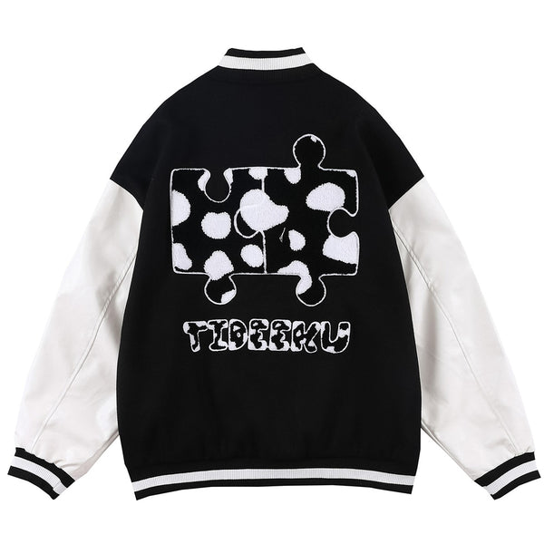 Varsity Jacket Men Cow Print Puzzle Letter Patch Bomber Coats Autumn Baggy Hipster College Style Baseball Jacket Couple
