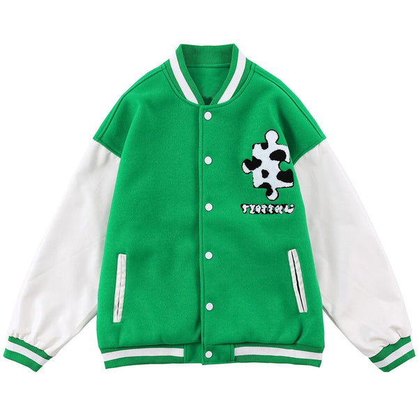 Varsity Jacket Men Cow Print Puzzle Letter Patch Bomber Coats Autumn Baggy Hipster College Style Baseball Jacket Couple