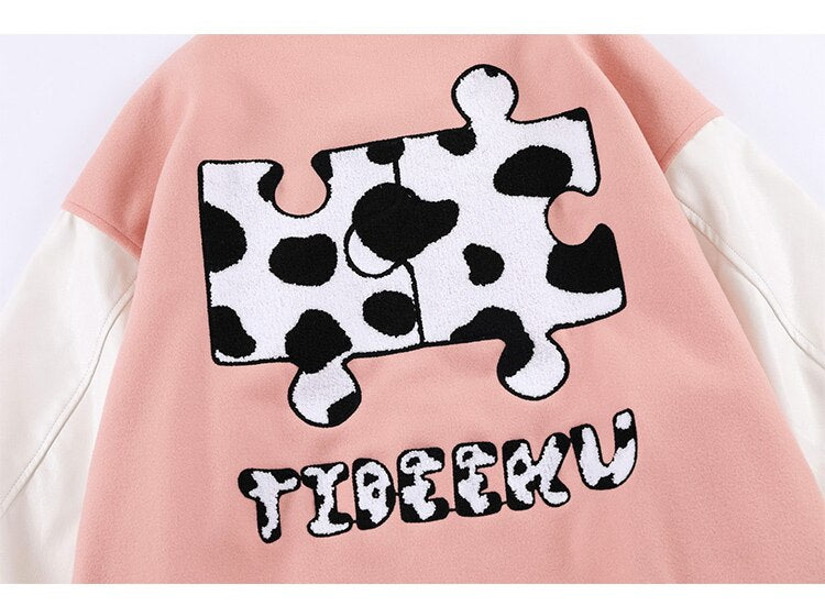 Varsity Jacket Men Cow Print Puzzle Letter Patch Bomber Coats Autumn Baggy Hipster College Style Baseball Jacket Couple