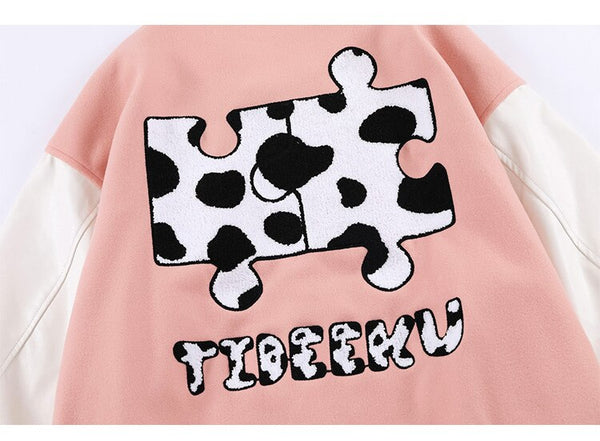 Varsity Jacket Men Cow Print Puzzle Letter Patch Bomber Coats Autumn Baggy Hipster College Style Baseball Jacket Couple