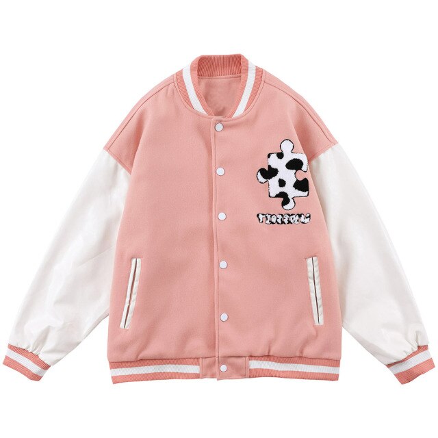 Varsity Jacket Men Cow Print Puzzle Letter Patch Bomber Coats Autumn Baggy Hipster College Style Baseball Jacket Couple