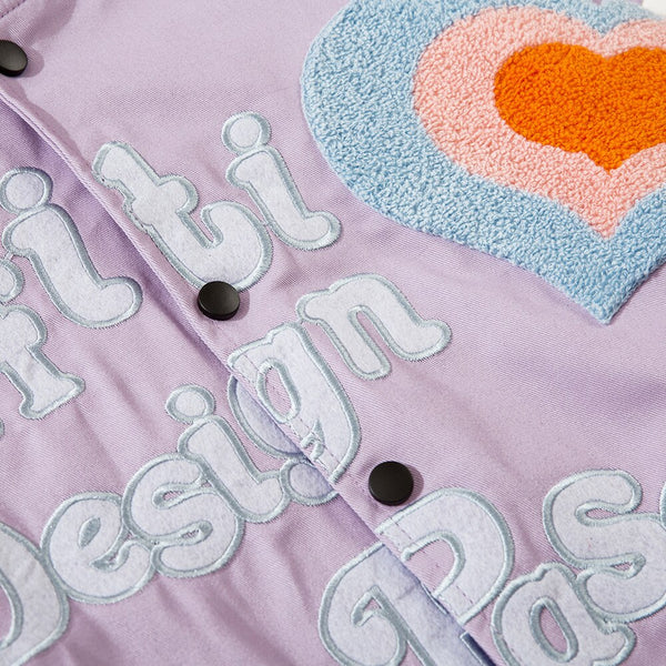 Furry Heart Patch Letter Embroidery Baseball Jacket Couple Varsity Jackets Coats Autumn Fashion Harajuku Streetwear Men