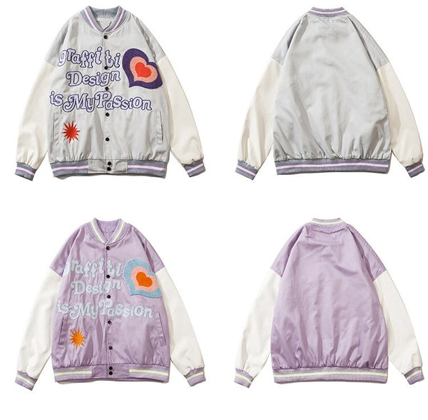 Furry Heart Patch Letter Embroidery Baseball Jacket Couple Varsity Jackets Coats Autumn Fashion Harajuku Streetwear Men