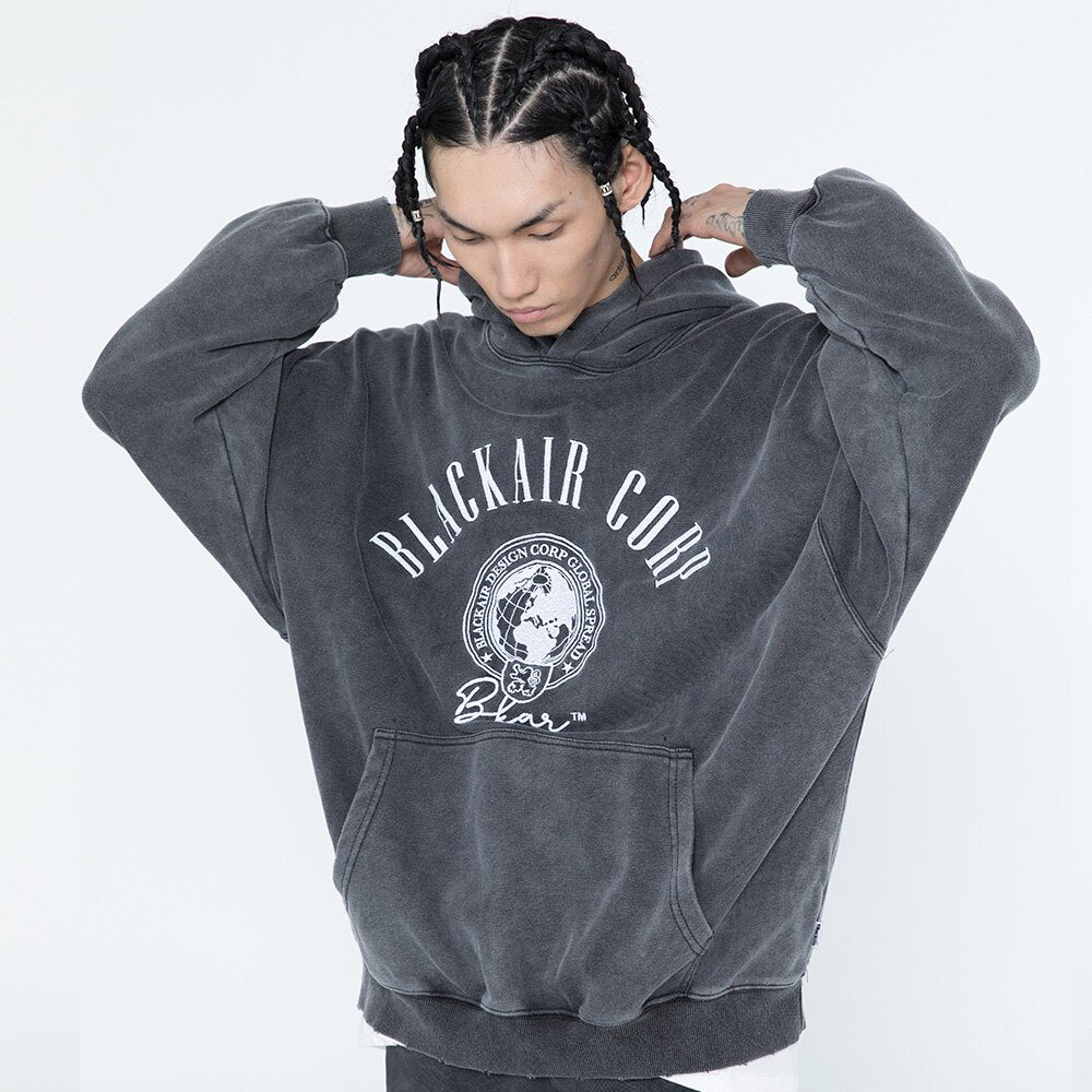 Hoodie Men Embroidery Washed Distressed Hooded Pullover Autumn Oversized Retro Punk All-match Sweatshirt Men Streetwear