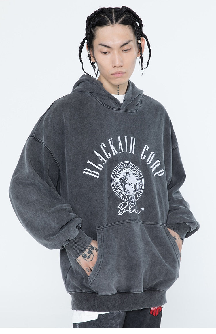 Hoodie Men Embroidery Washed Distressed Hooded Pullover Autumn Oversized Retro Punk All-match Sweatshirt Men Streetwear
