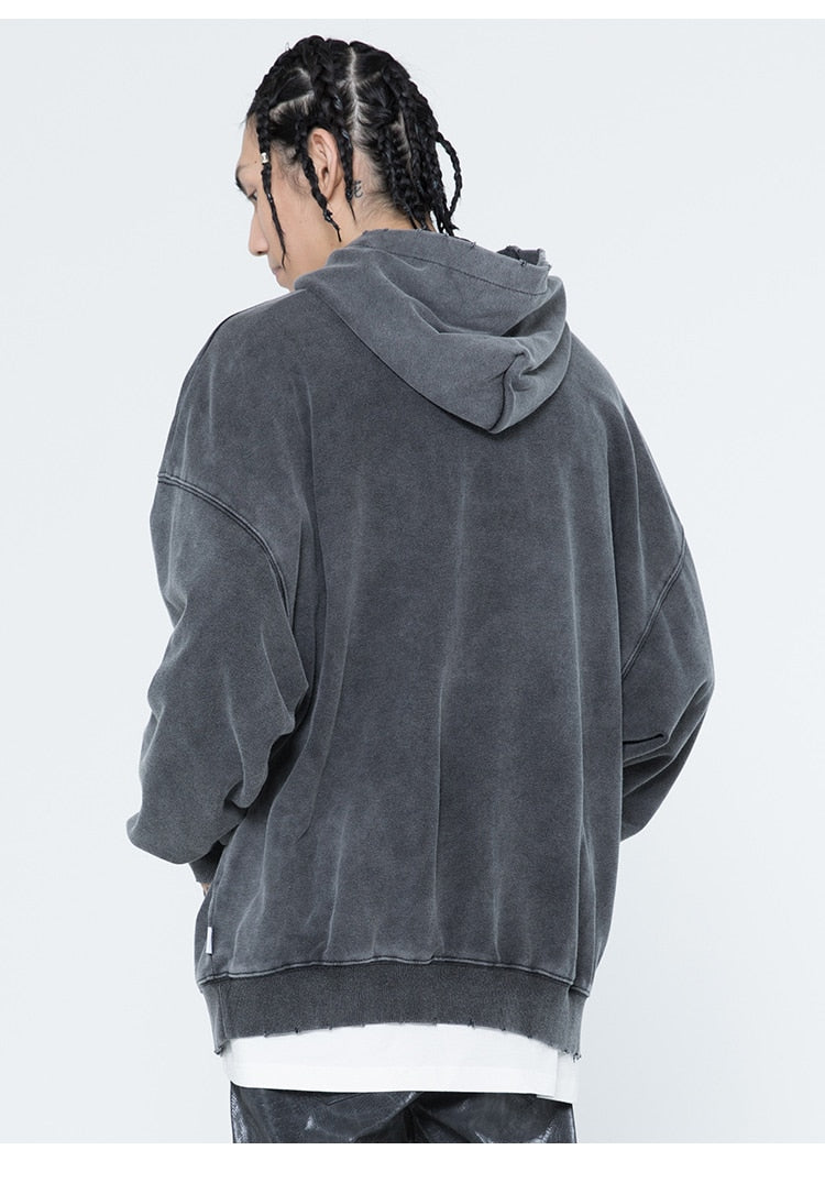 Hoodie Men Embroidery Washed Distressed Hooded Pullover Autumn Oversized Retro Punk All-match Sweatshirt Men Streetwear