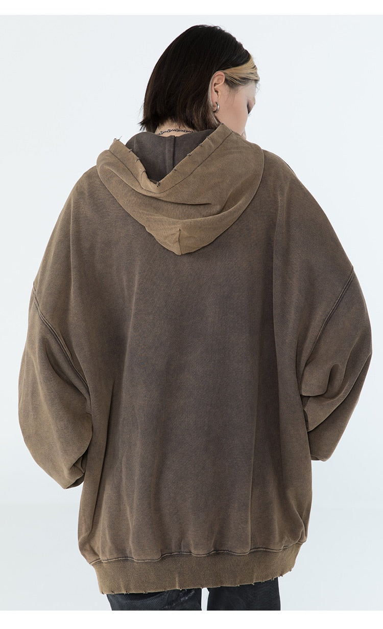 Hoodie Men Embroidery Washed Distressed Hooded Pullover Autumn Oversized Retro Punk All-match Sweatshirt Men Streetwear