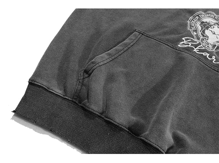 Hoodie Men Embroidery Washed Distressed Hooded Pullover Autumn Oversized Retro Punk All-match Sweatshirt Men Streetwear