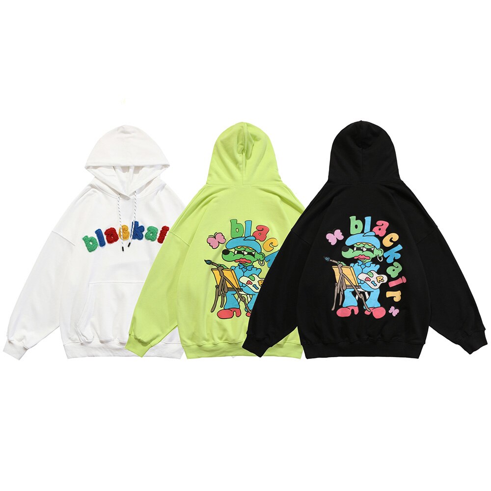 Hoodie Men Cartoon Colorful Printed Furry Letter Patch Pullover Autumn Oversize Hooded Hip Hop College Style Streetwear