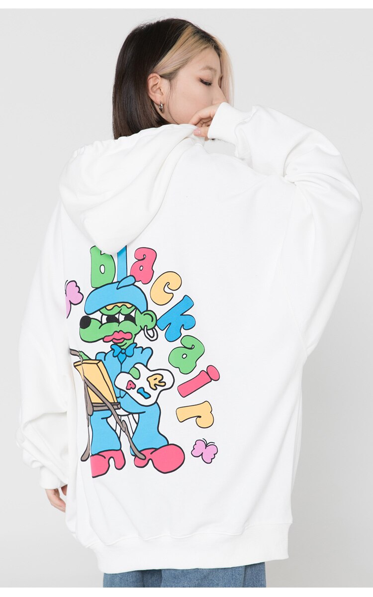 Hoodie Men Cartoon Colorful Printed Furry Letter Patch Pullover Autumn Oversize Hooded Hip Hop College Style Streetwear