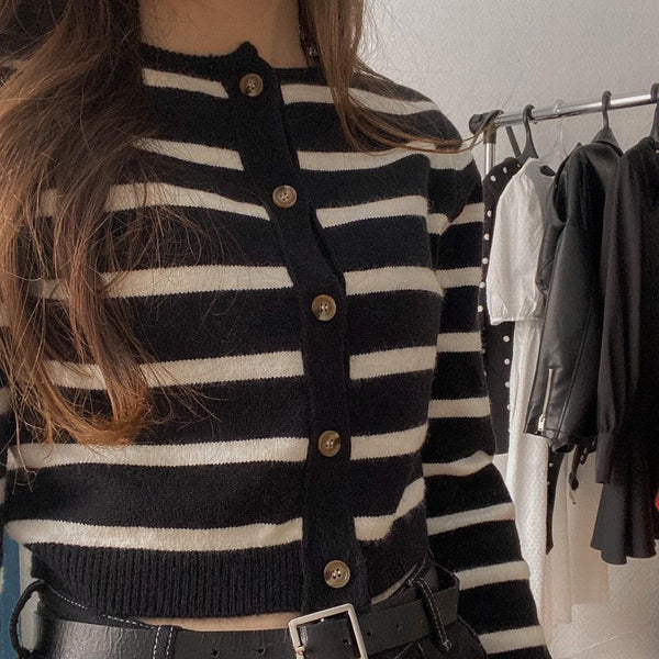 Spring Black&White Striped Knit Cropped Cardigan Long Sleeve Casual Slim Knitted Women Wool Sweater Outwear Korean