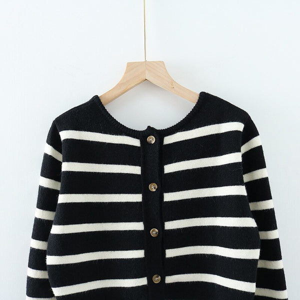 Spring Black&White Striped Knit Cropped Cardigan Long Sleeve Casual Slim Knitted Women Wool Sweater Outwear Korean