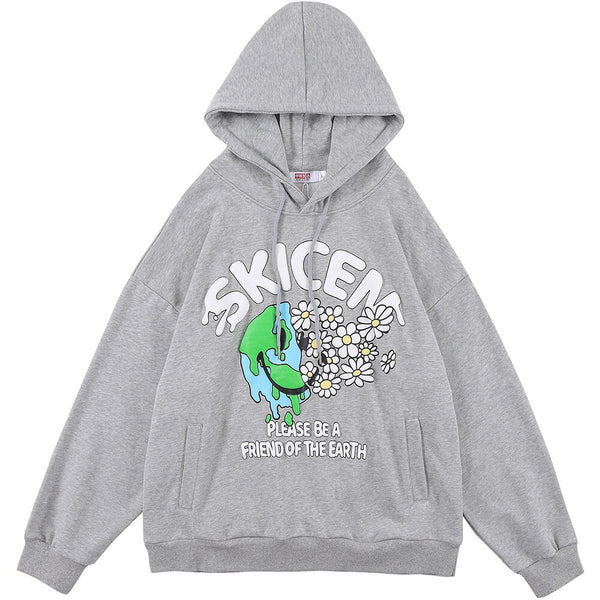 Hoodie Men Hip Hop Daisy Flowers Letter Print Pullover Autumn Loose Cozy Hooded Harajuku Fashion Sweatshirts Streetwear