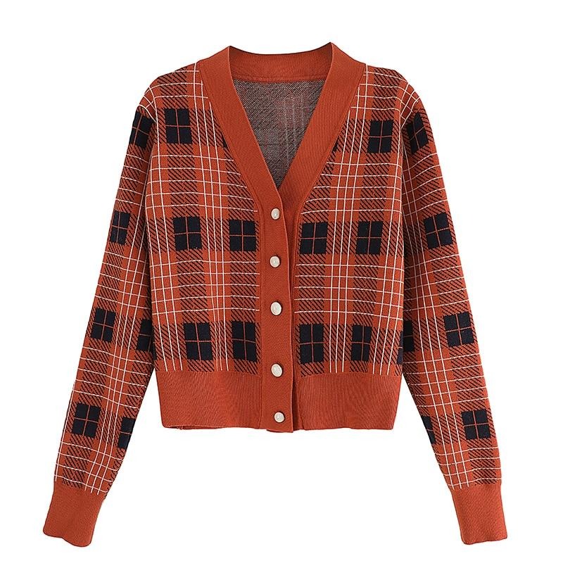 Vintage V-Neck Long Sleeve Women Plaid Sweater Spring Short Knitted Cardigan England Style Chic Tops Ladies Outerwear